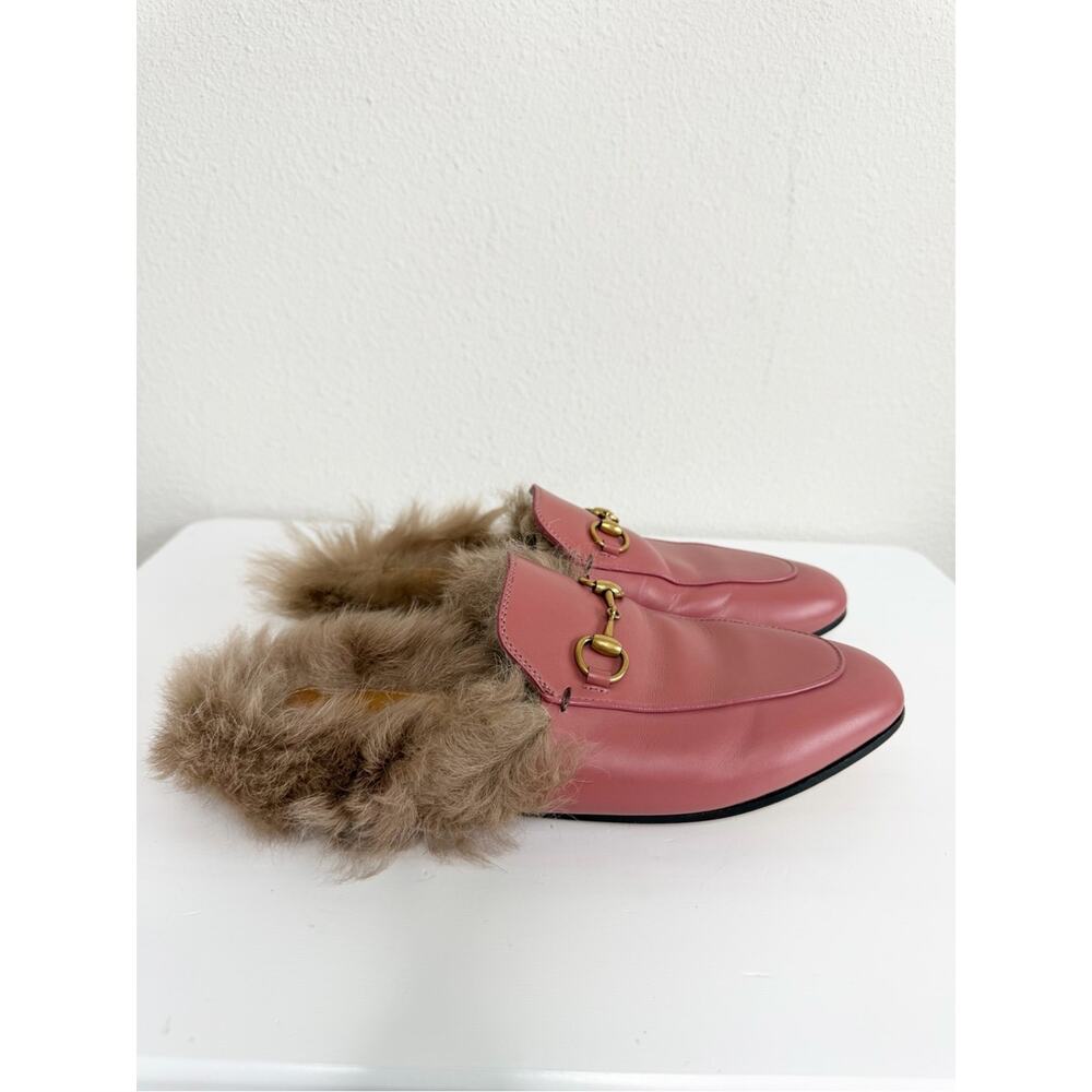 Gucci Princetown Pink Leather Fur Trim Horsebit Mules Size 37 - Picture 4 of 13